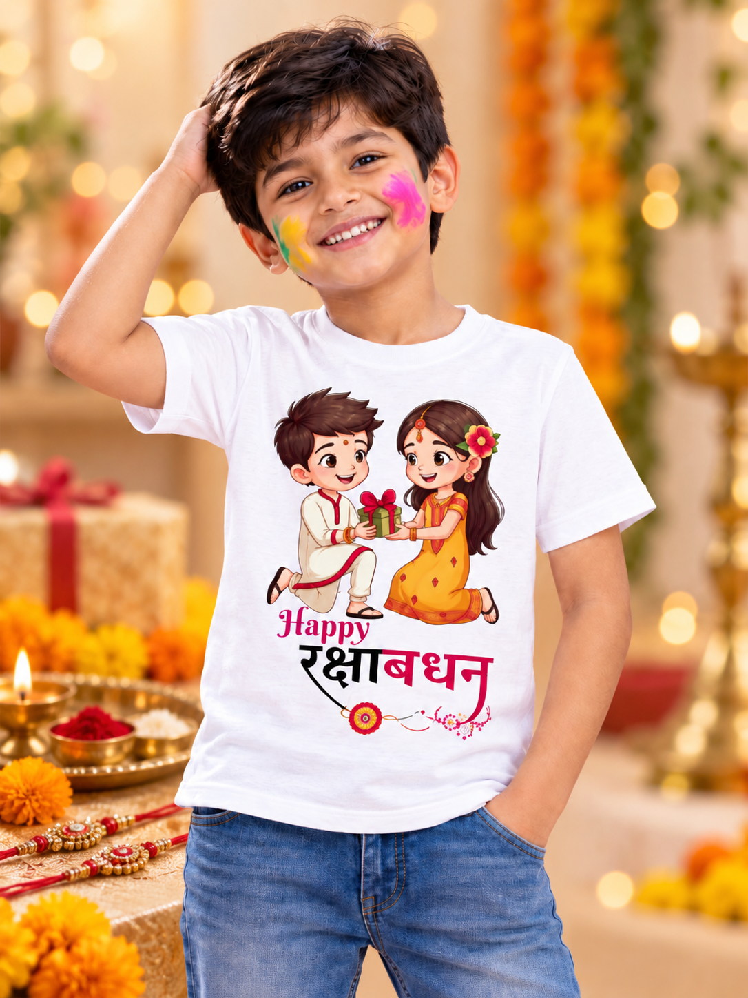 Rakshabandhan  Printed Cotton White Tshirt For KIds Under 399 only