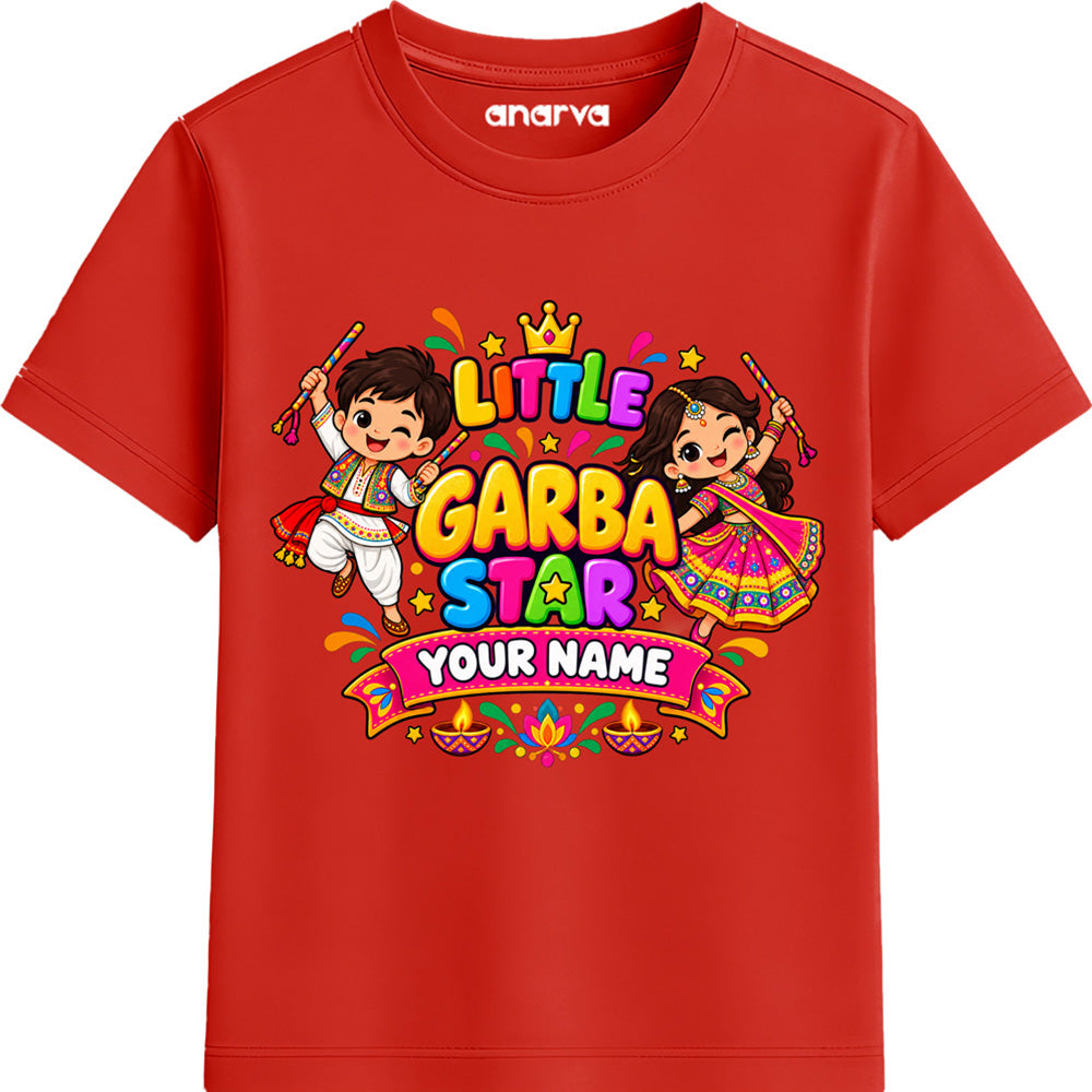ENCIGER Kids Custom Name Navratri T-Shirt | Little Garba Star Personalized T-Shirt for Boys & Girls | Dandiya Garba Festival Printed Tee | Custom Name Festive Wear for Kids