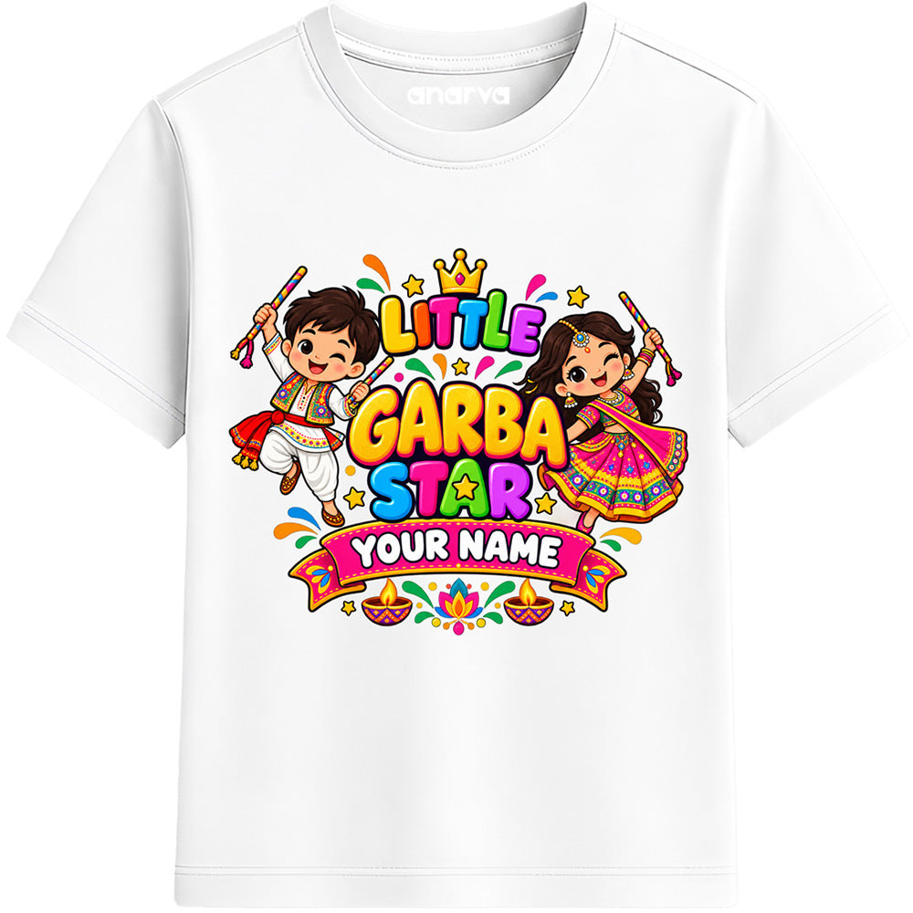 ENCIGER Kids Custom Name Navratri T-Shirt | Little Garba Star Personalized T-Shirt for Boys & Girls | Dandiya Garba Festival Printed Tee | Custom Name Festive Wear for Kids