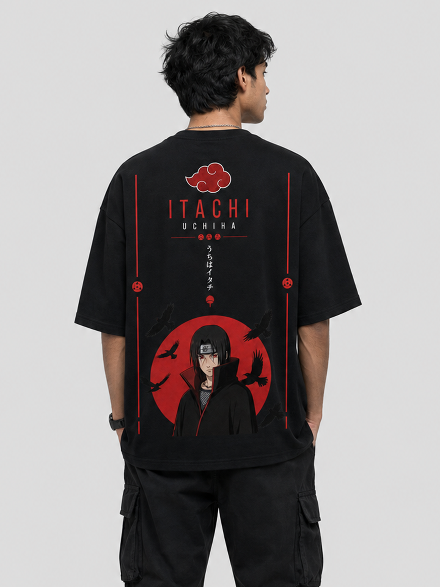 Itachi Uchiha Drop Shoulder Anime Printed T-Shirt for Men, Black