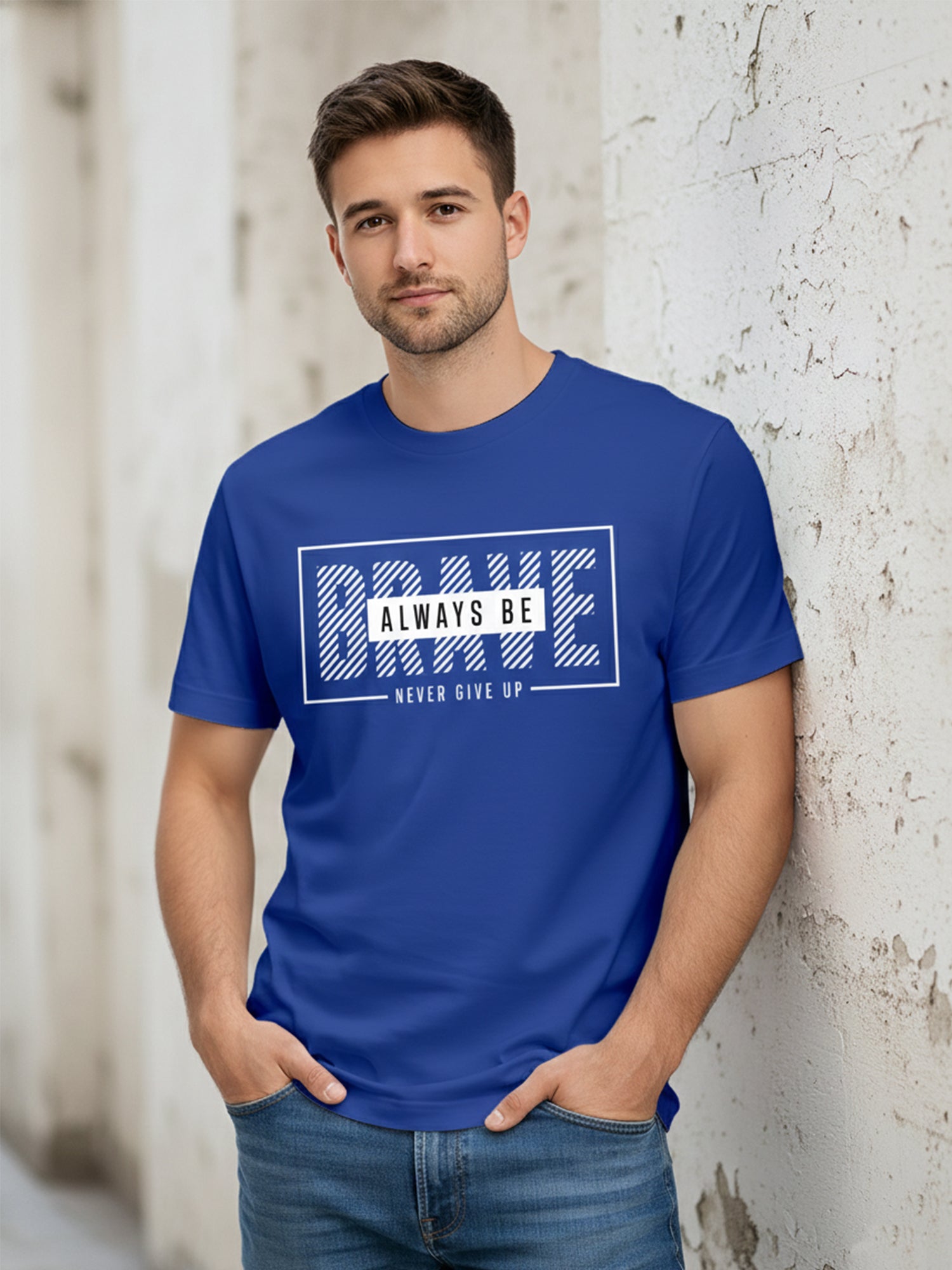  Men's Cotton Graphic Printed Motivational T-Shirt with Brave Never Give Up Typography blue, XXL