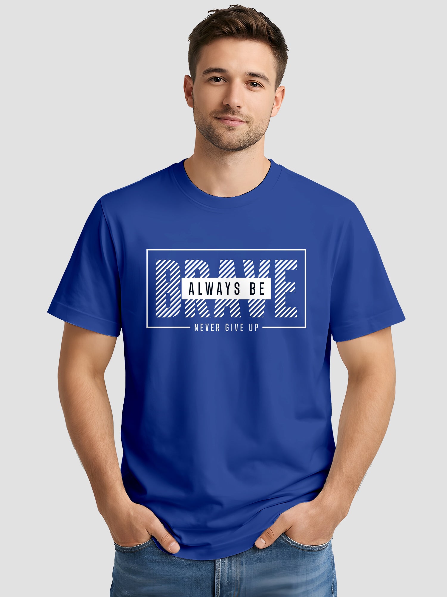  Men's Cotton Graphic Printed Motivational T-Shirt with Brave Never Give Up Typography blue, L