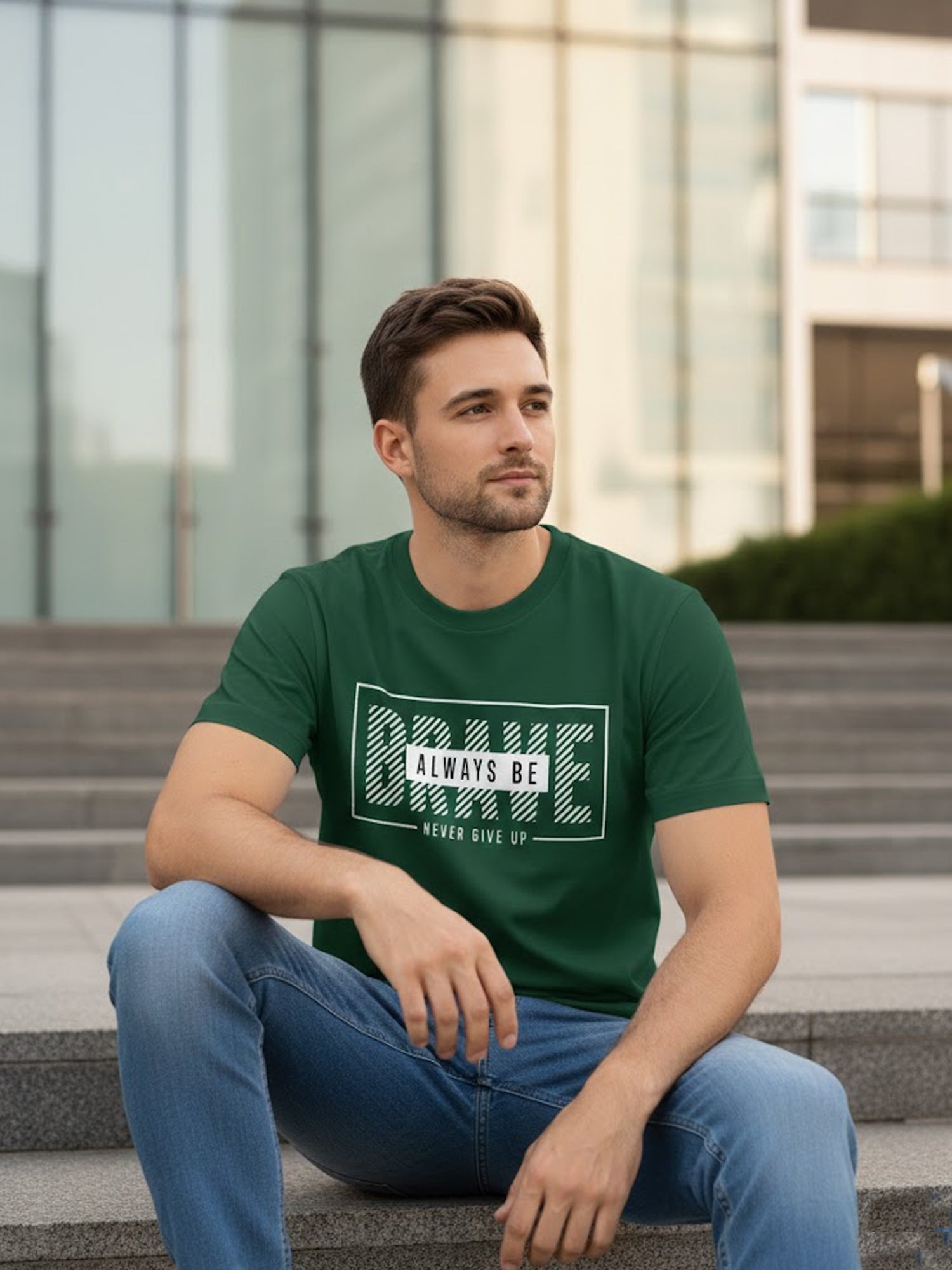  Men's Cotton Graphic Printed Motivational T-Shirt with Brave Never Give Up Typography green, XXL