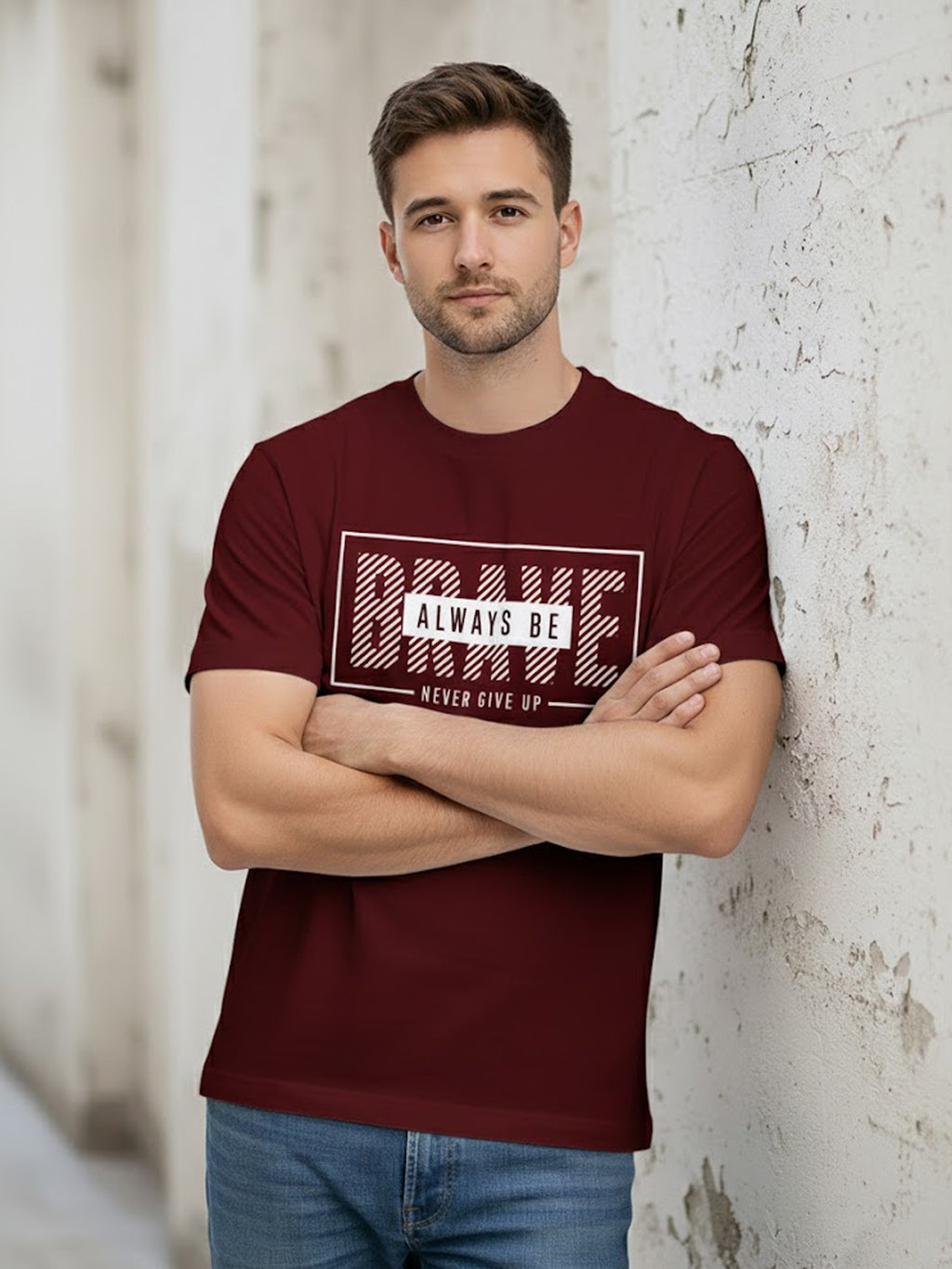  Men's Cotton Graphic Printed Motivational T-Shirt with Brave Never Give Up Typography maroon, XXL