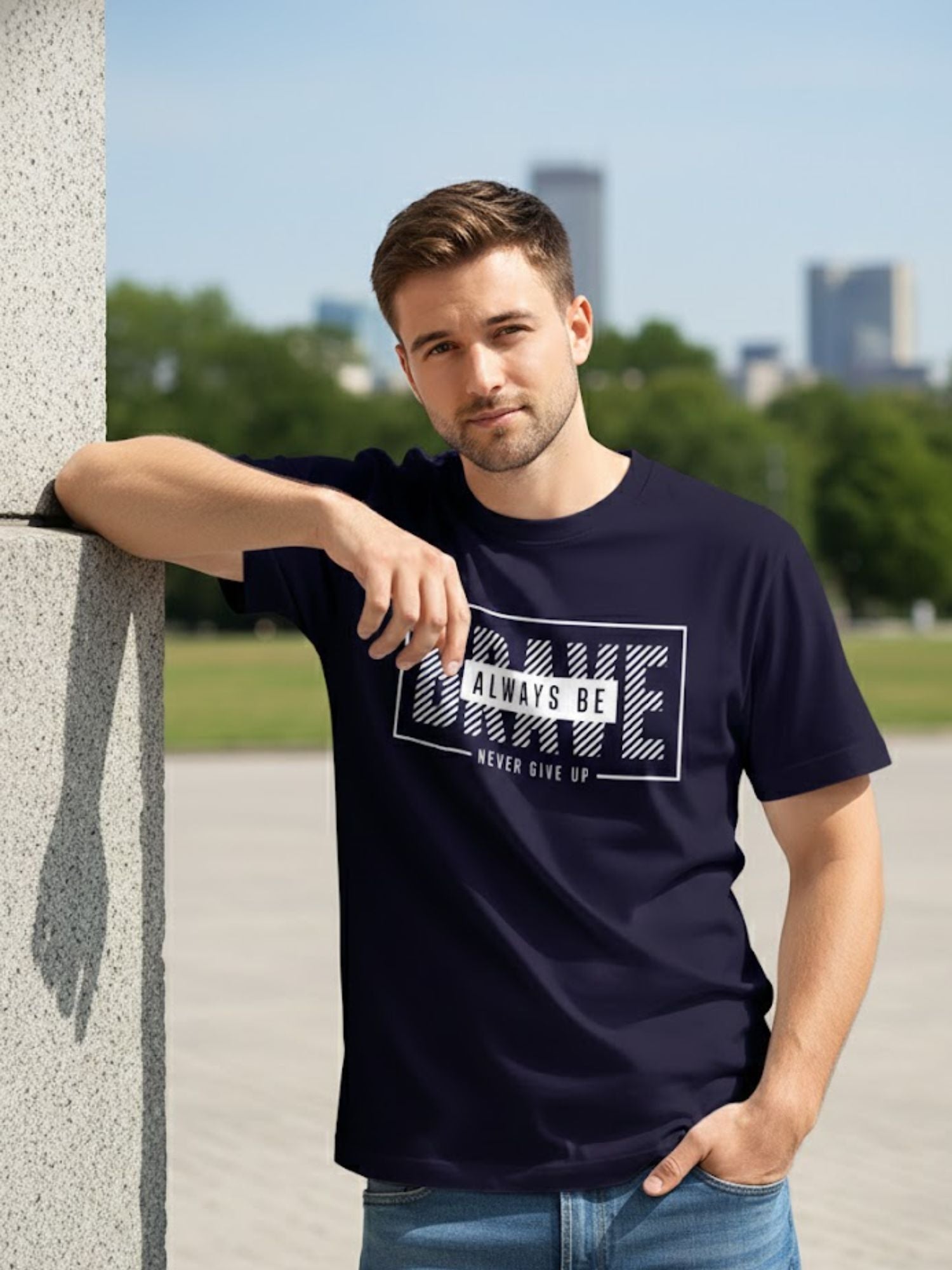  Men's Cotton Graphic Printed Motivational T-Shirt with Brave Never Give Up Typography navy, XXL