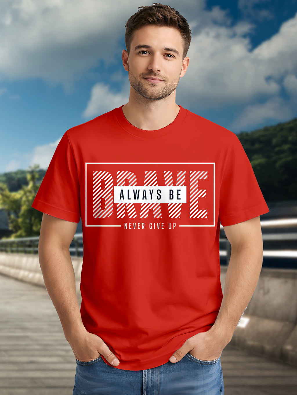  Men's Cotton Graphic Printed Motivational T-Shirt with Brave Never Give Up Typography red, XXL