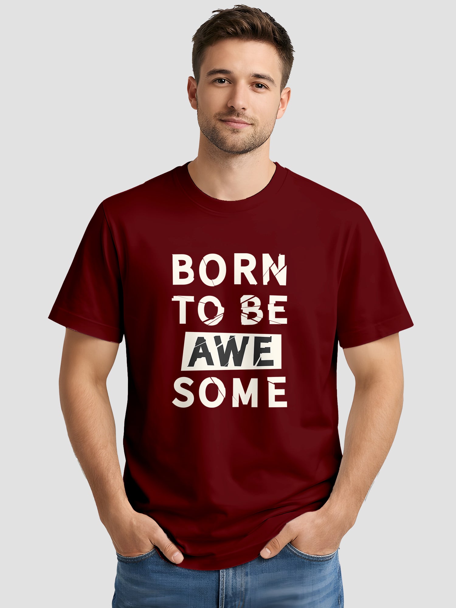  Men's Cotton Graphic Printed T-Shirt with Motivational Brave and Awesome Typography maroon, L