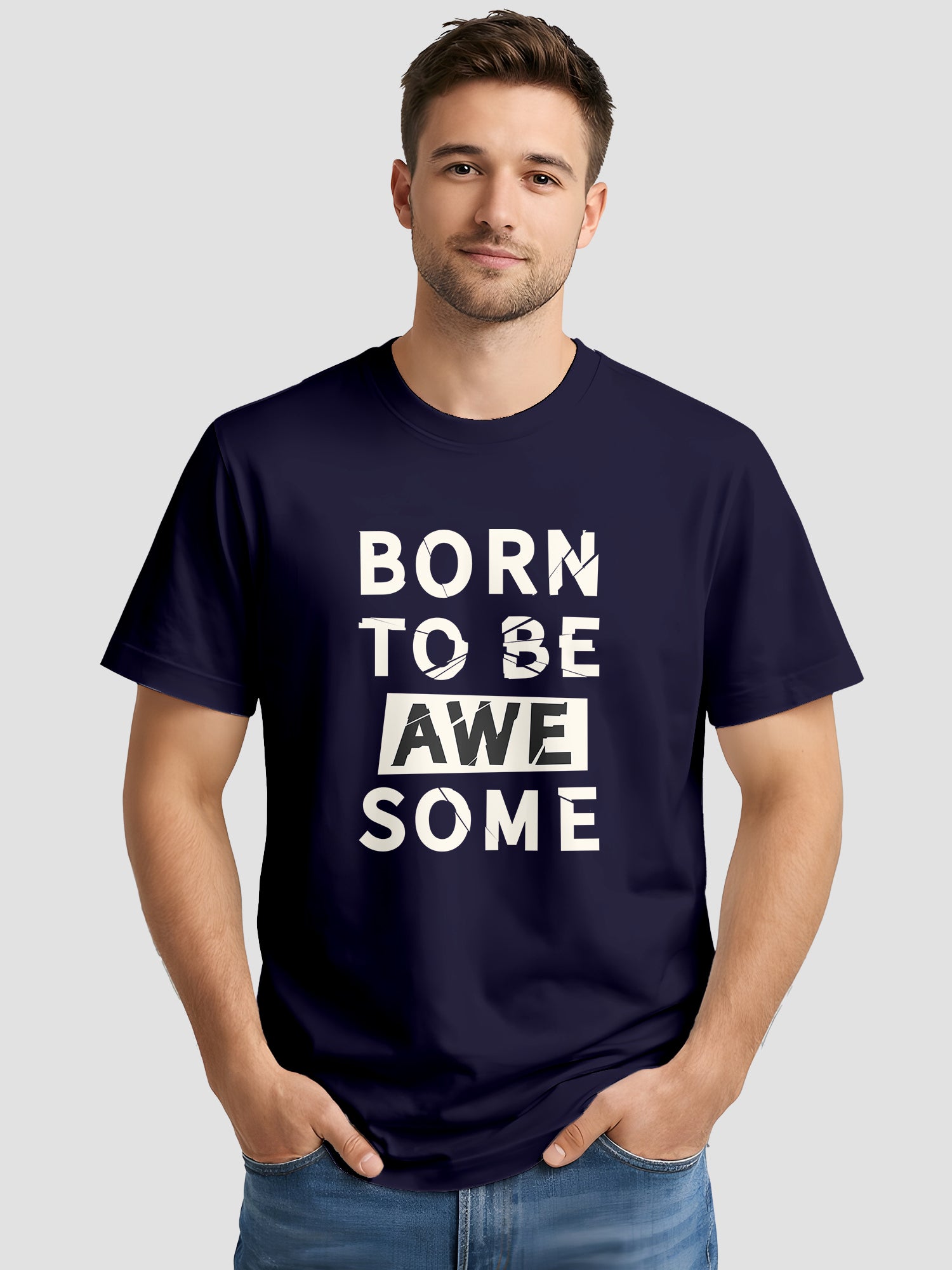  Men's Cotton Graphic Printed T-Shirt with Motivational Brave and Awesome Typography navy, L