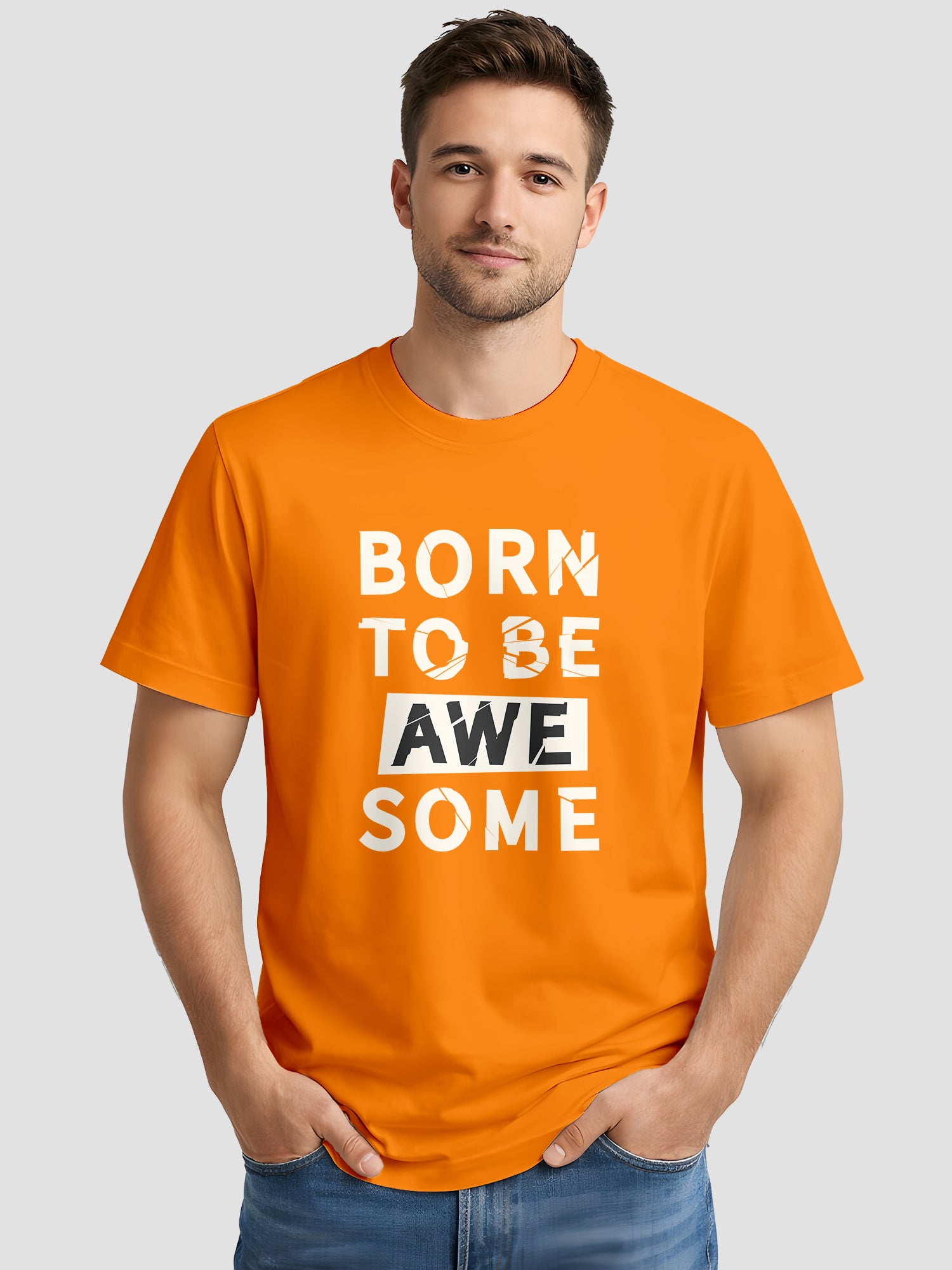  Men's Cotton Graphic Printed T-Shirt with Motivational Brave and Awesome Typography orange, L
