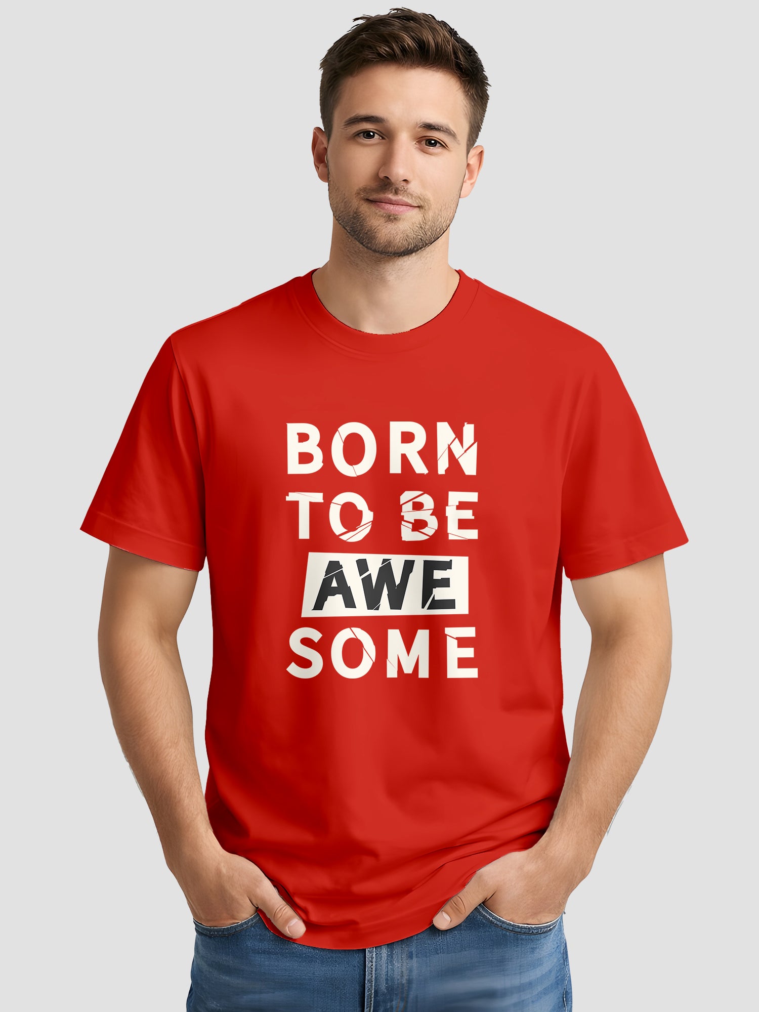  Men's Cotton Graphic Printed T-Shirt with Motivational Brave and Awesome Typography red, L