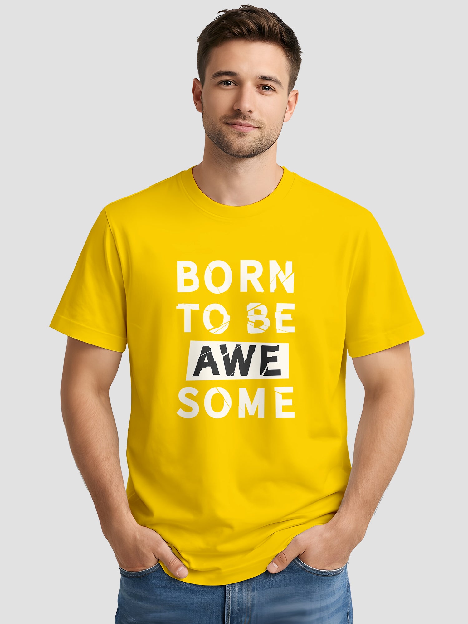  Men's Cotton Graphic Printed T-Shirt with Motivational Brave and Awesome Typography yellow, L