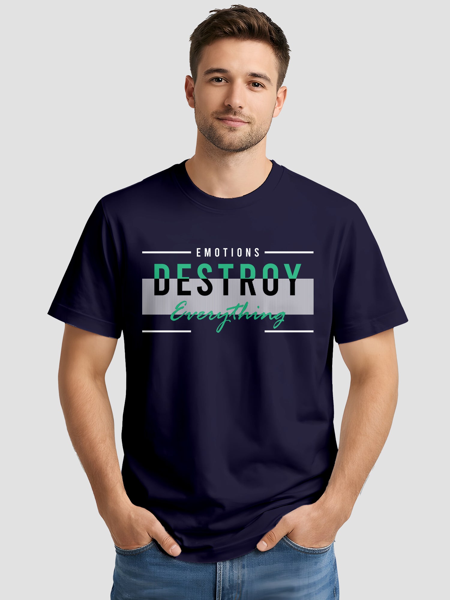  Men's Cotton Graphic Printed Motivational T-Shirt with Bold Typography Slogan Prints navy, L