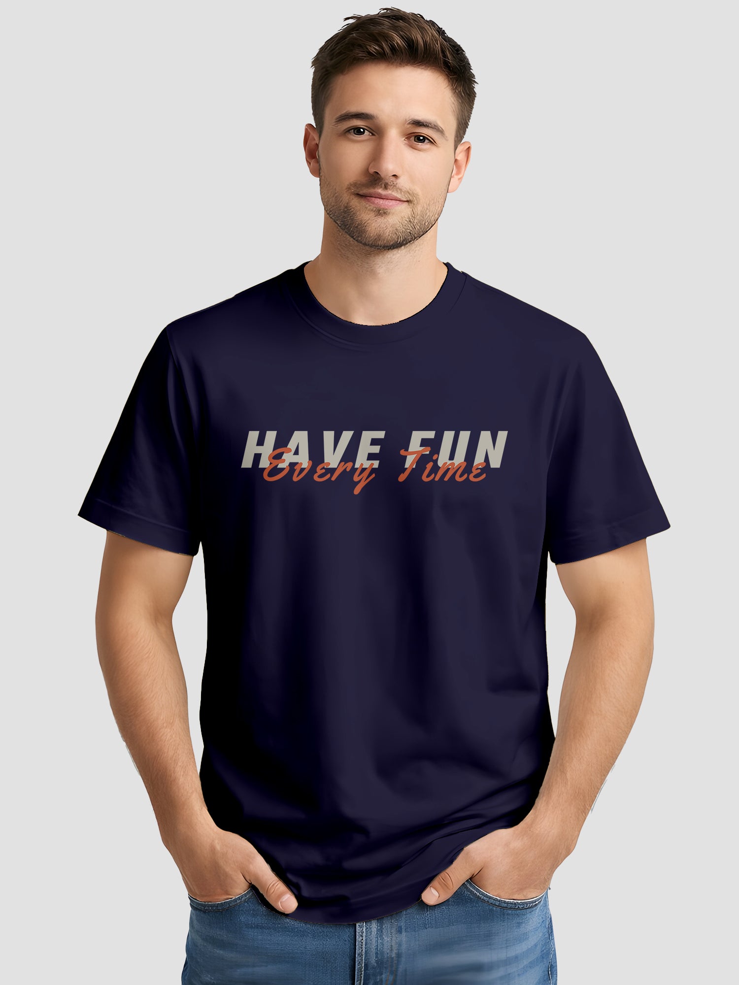  Men's Cotton Graphic Printed T-Shirt with Motivational Slogans and Typography Design navy, L