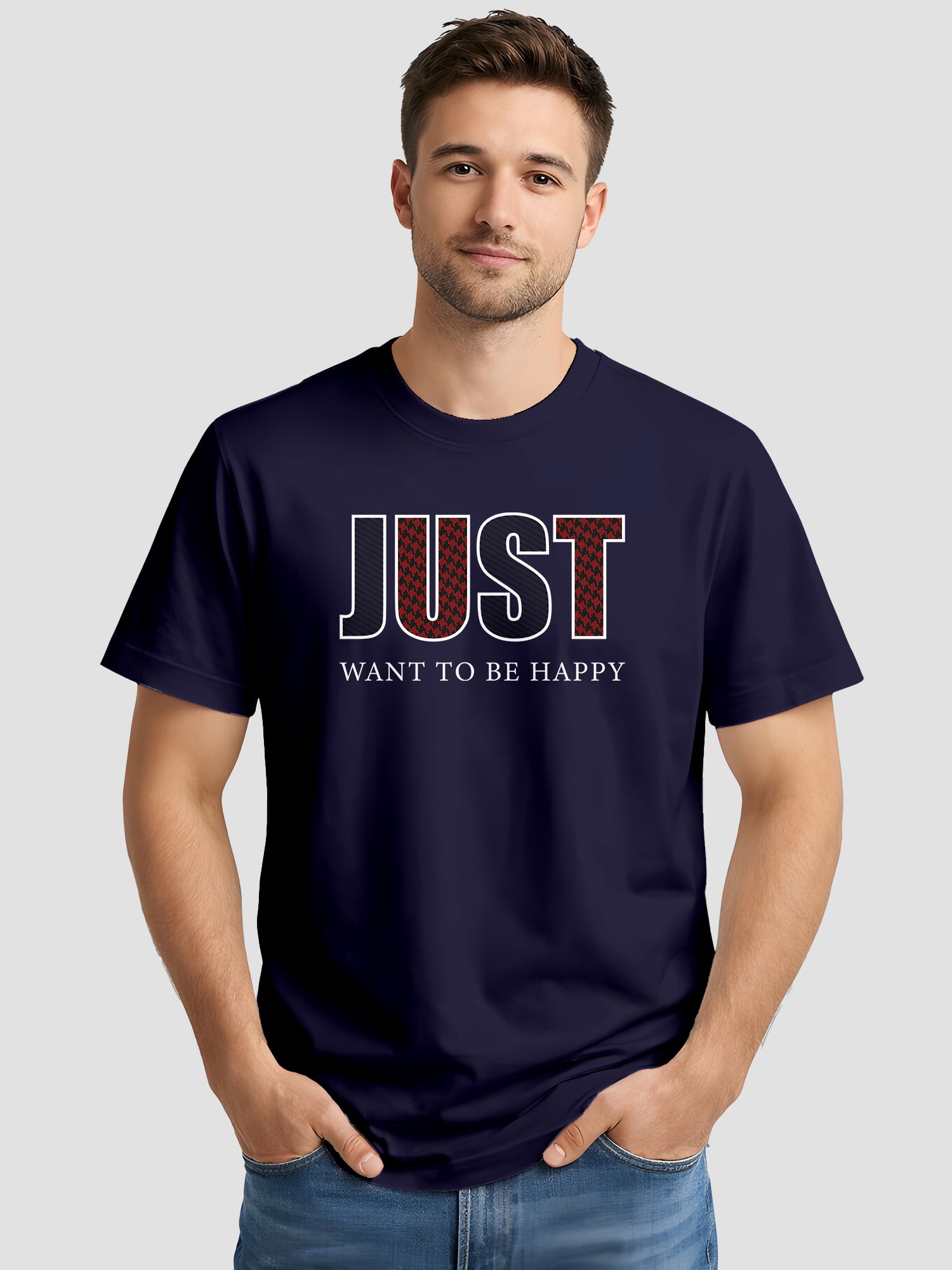  Men's Cotton Graphic Printed T-Shirt with Motivational Slogans and Typography Design navy, L