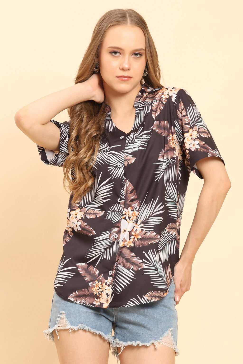 Womens-Tropical-Floral-Print-Button-Up-Shirt-Casual-Summer-Beach-Top-Black