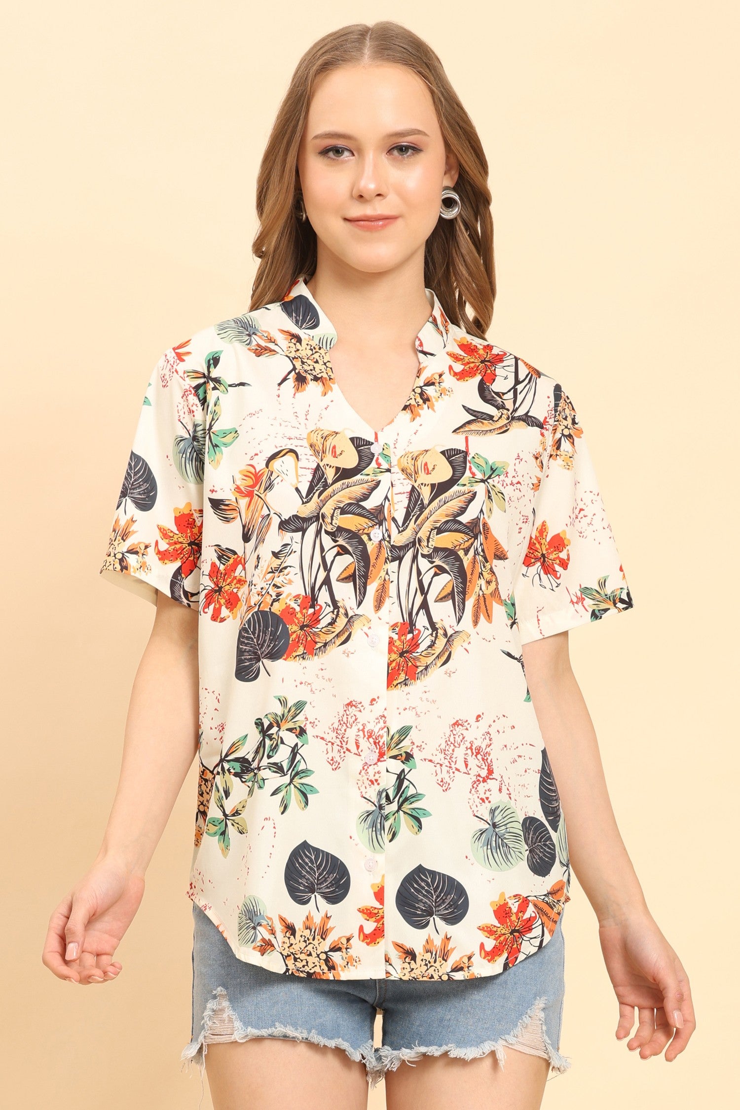 Womens-Tropical-Floral-Print-Button-Up-Shirt-Casual-Summer-Beach-Top-Cream