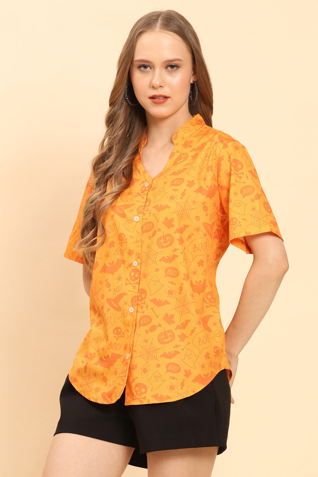 Womens-Tropical-Floral-Print-Button-Up-Shirt-Casual-Summer-Beach-Top-Orange