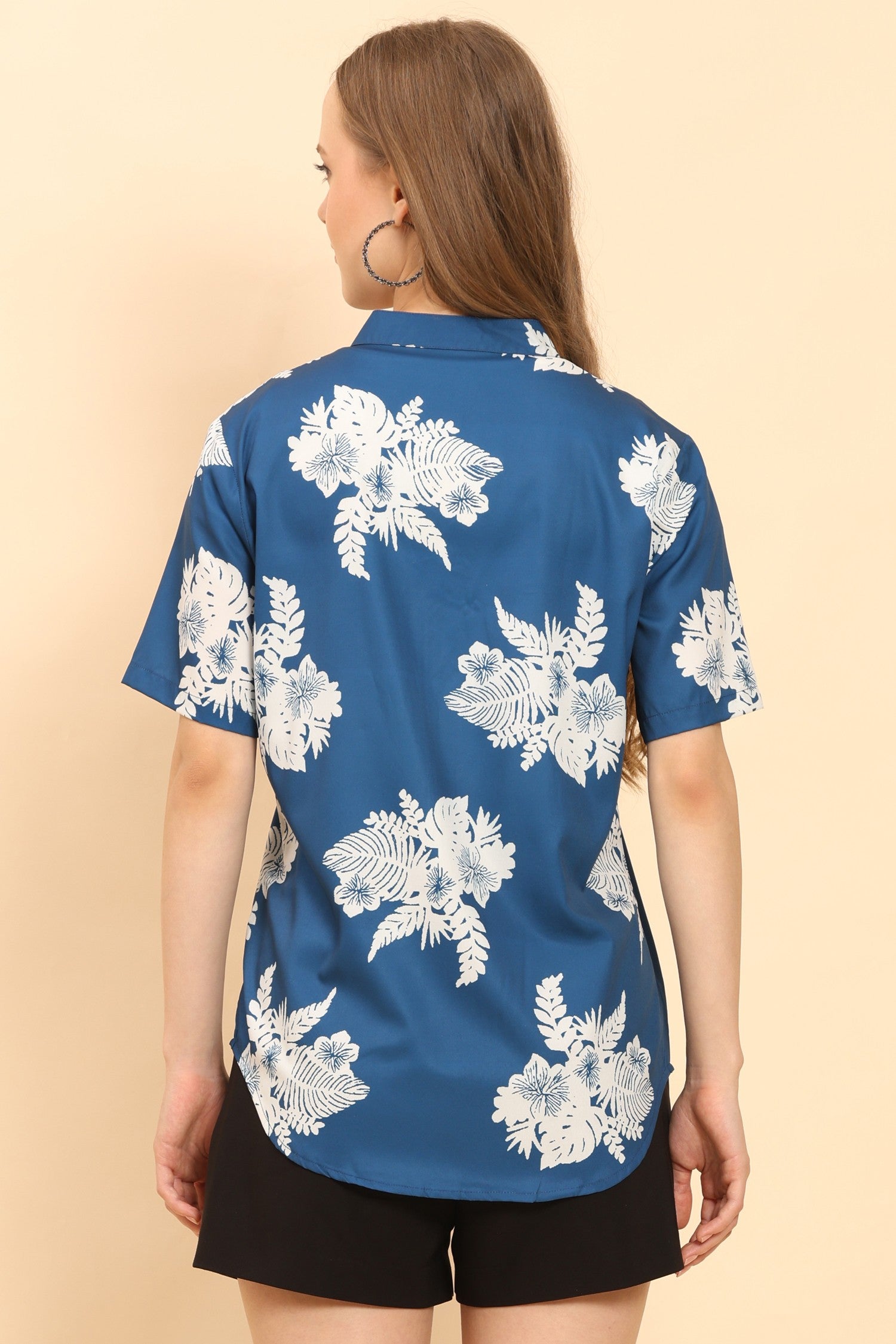 Womens-Tropical-Floral-Print-Button-Up-Shirt-Casual-Summer-Beach-Top-Royal-Blue