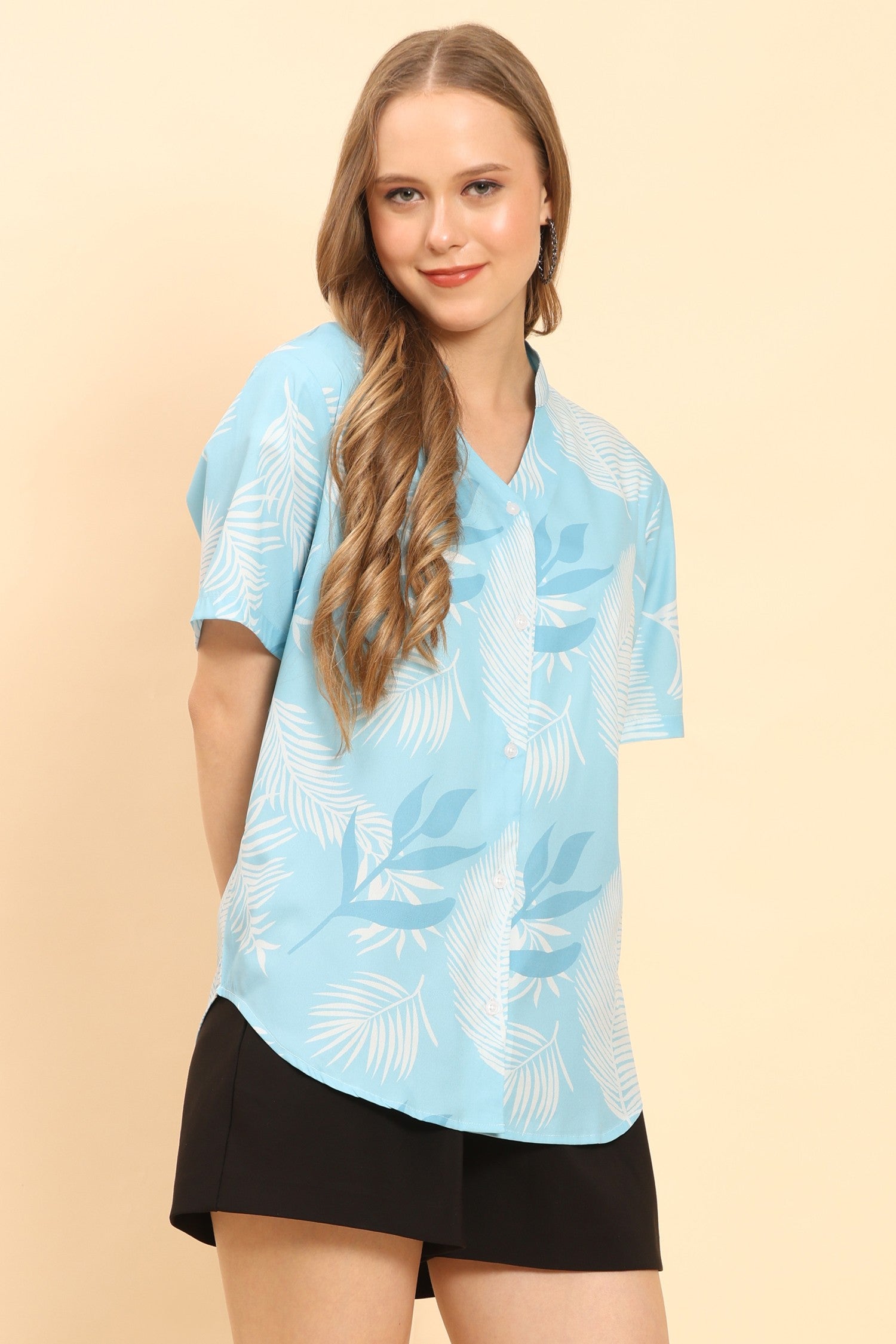 Womens-Tropical-Floral-Print-Button-Up-Shirt-Casual-Summer-Beach-Top-Sky-Blue